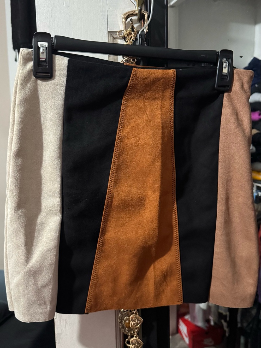 Colorblock Suede Panel Mini Skirt - Black, Tan, Cream